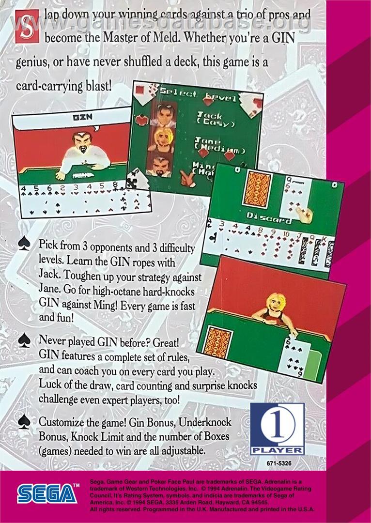 Poker Faced Paul's Gin - Sega Game Gear - Artwork - Box Back