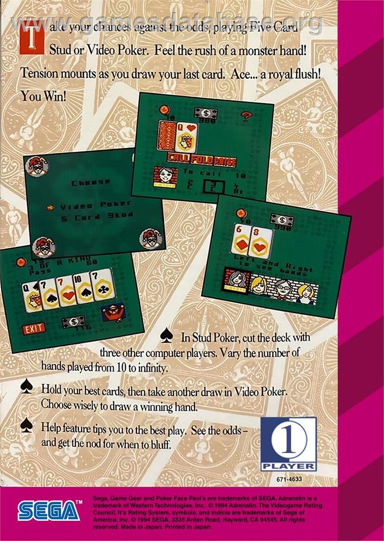 Poker Faced Paul's Poker - Sega Game Gear - Artwork - Box Back