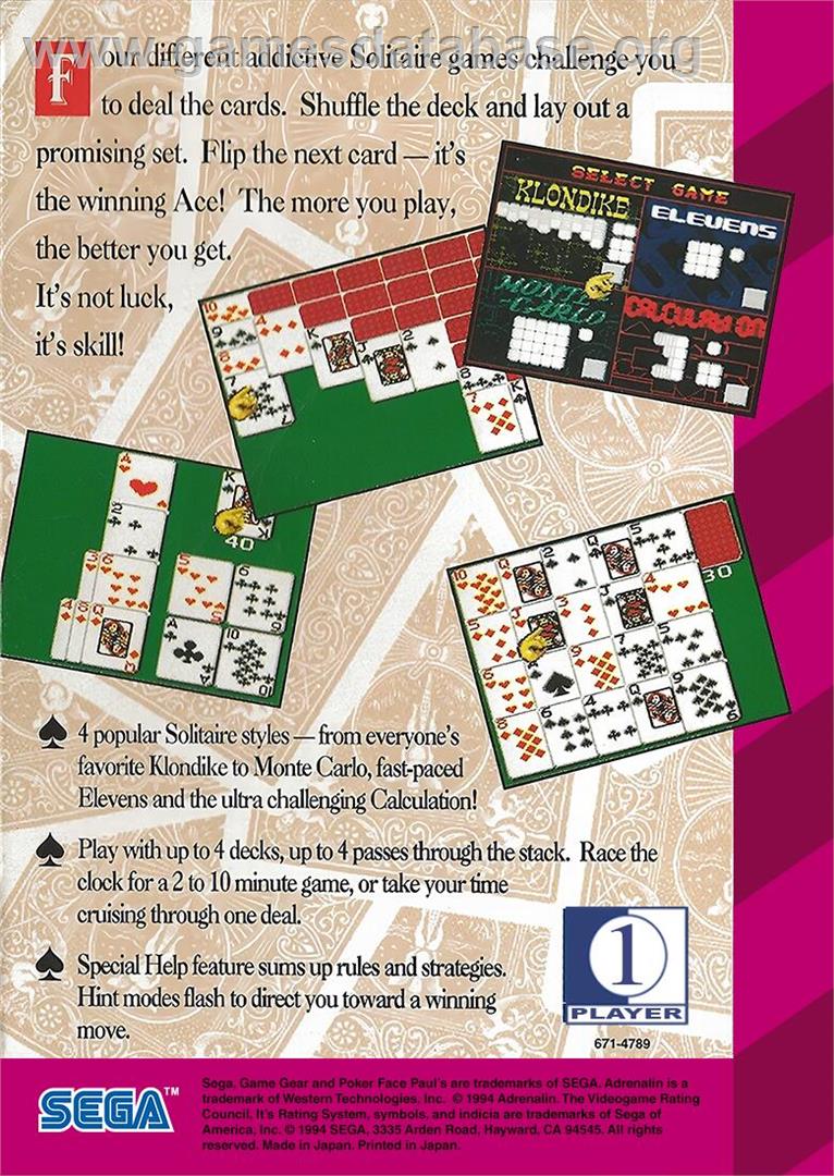 Poker Faced Paul's Solitaire - Sega Game Gear - Artwork - Box Back