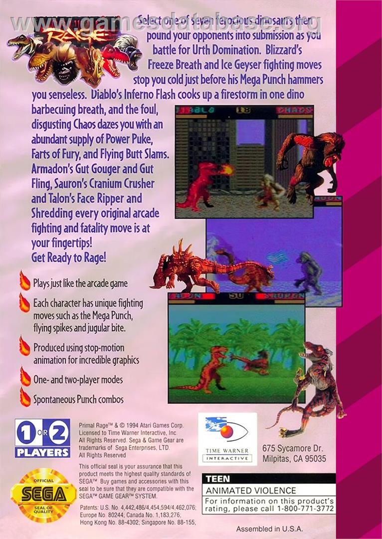 Primal Rage - Sega Game Gear - Artwork - Box Back