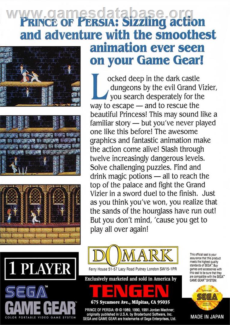 Prince Of Persia - Sega Game Gear - Artwork - Box Back