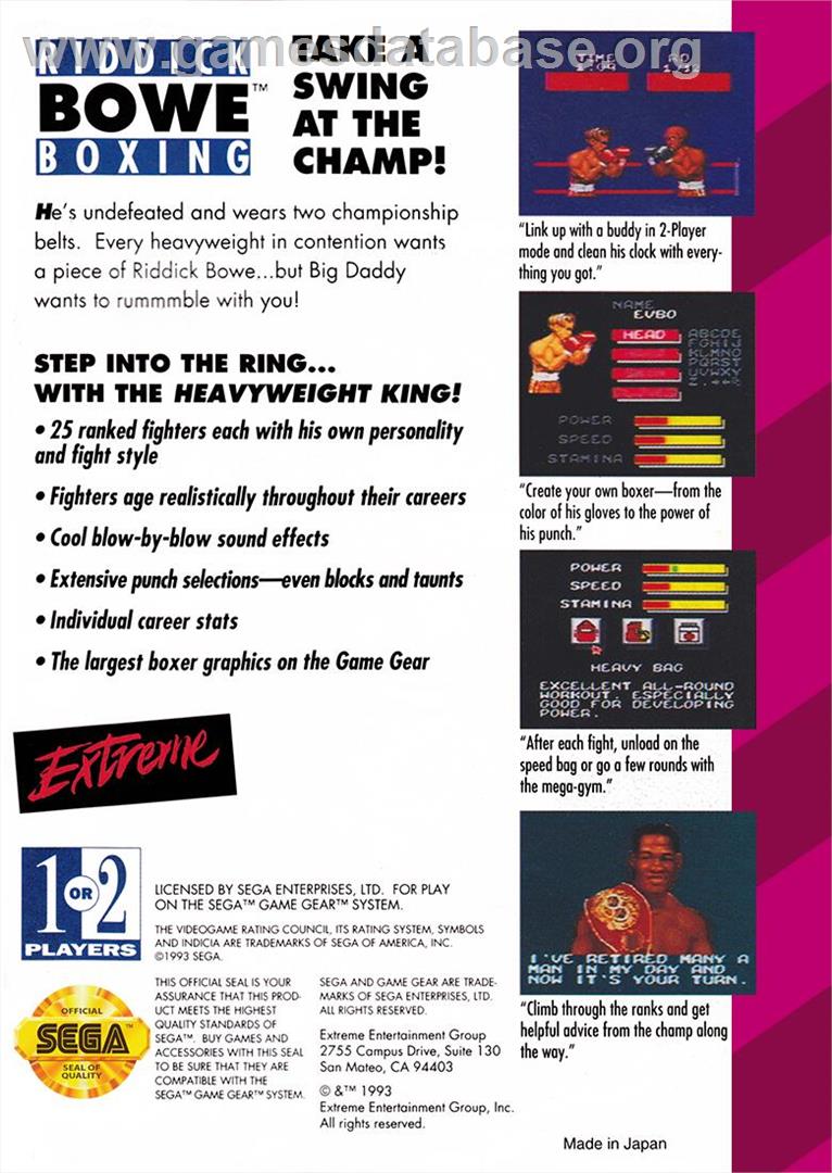 Riddick Bowe Boxing - Sega Game Gear - Artwork - Box Back