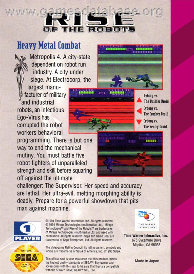 Rise Of The Robots - Sega Game Gear - Artwork - Box Back
