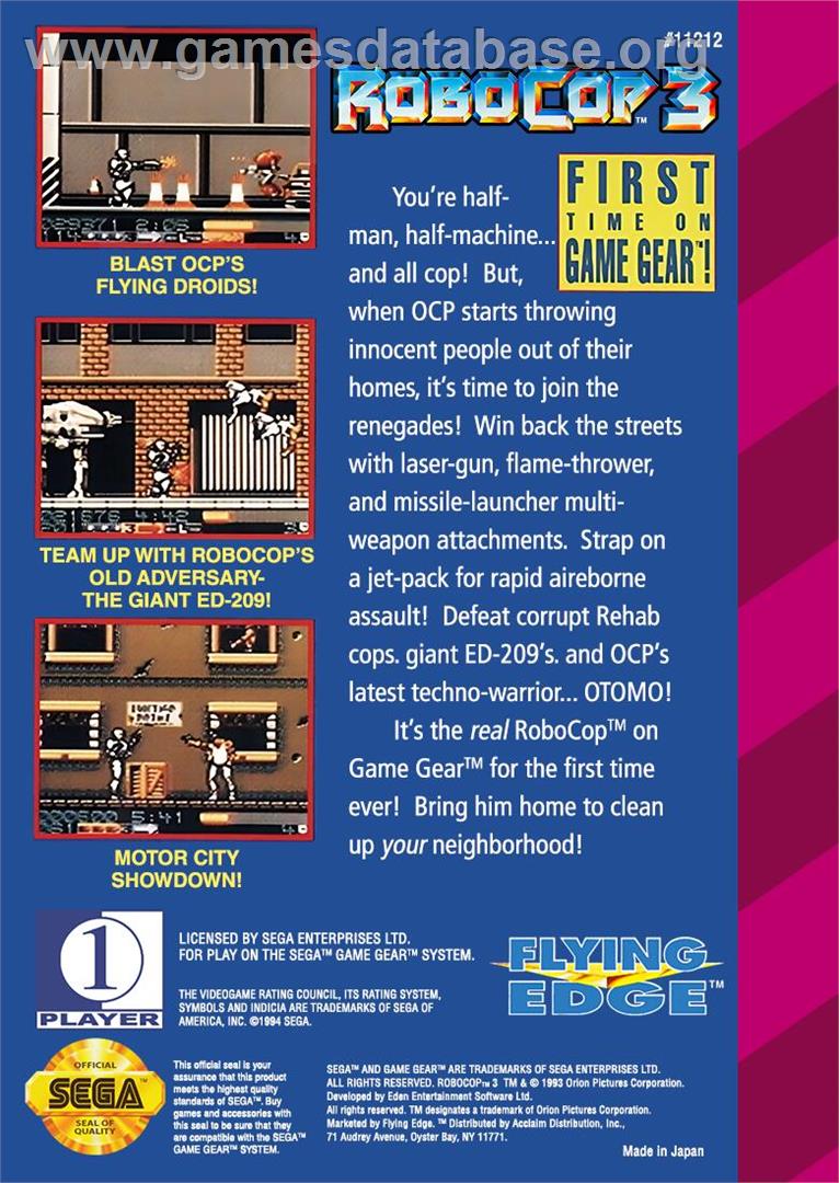 Robocop 3 - Sega Game Gear - Artwork - Box Back