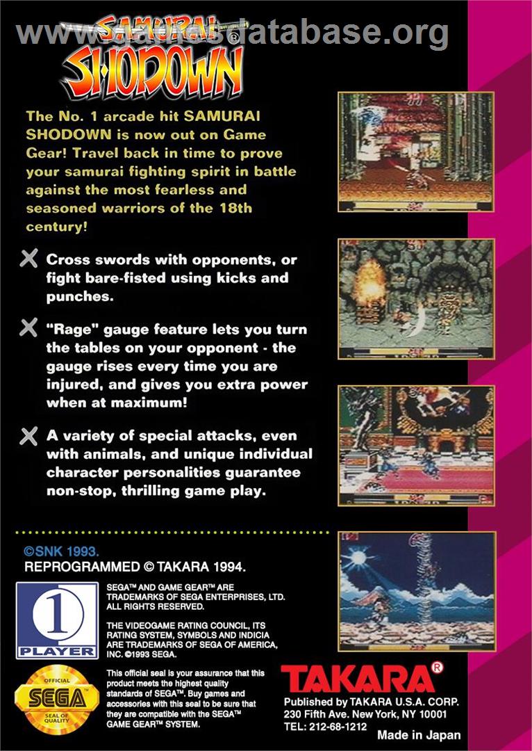Samurai Shodown - Sega Game Gear - Artwork - Box Back