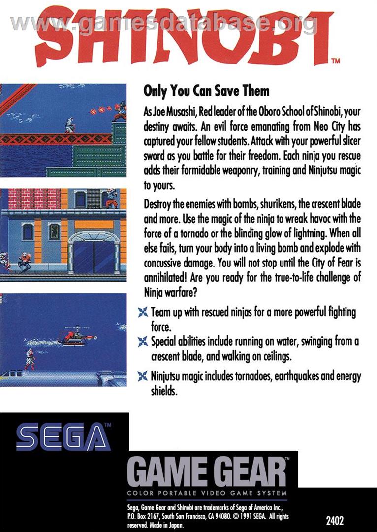 Shinobi - Sega Game Gear - Artwork - Box Back