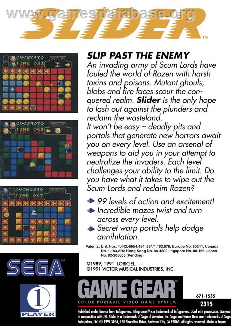 Slider - Sega Game Gear - Artwork - Box Back
