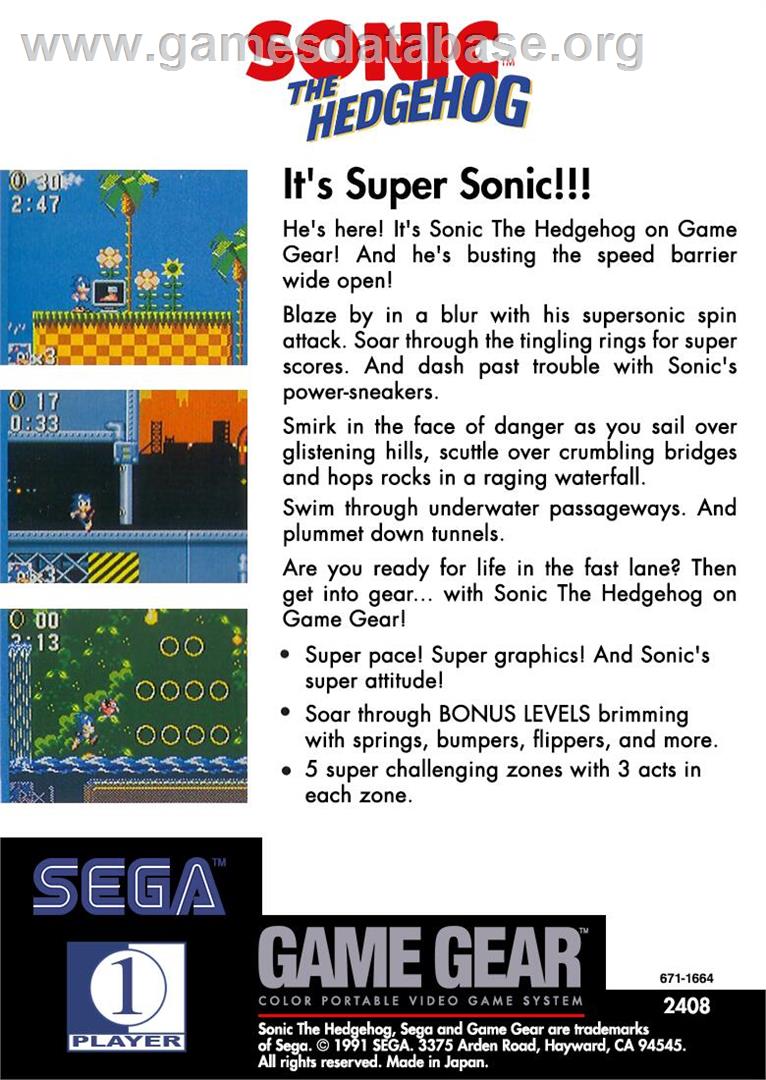 Sonic The Hedgehog - Sega Game Gear - Artwork - Box Back