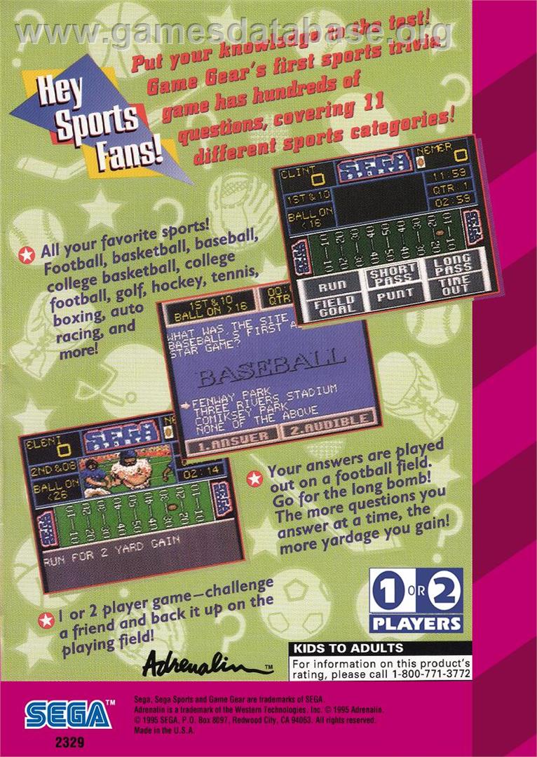 Sports Trivia - Sega Game Gear - Artwork - Box Back