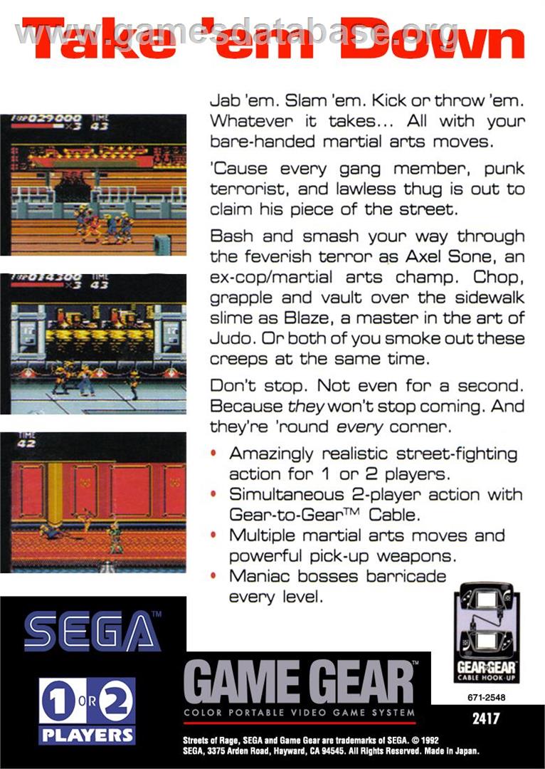 Streets Of Rage - Sega Game Gear - Artwork - Box Back