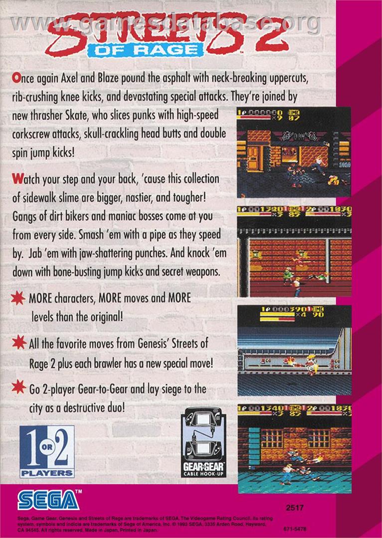 Streets Of Rage 2 - Sega Game Gear - Artwork - Box Back