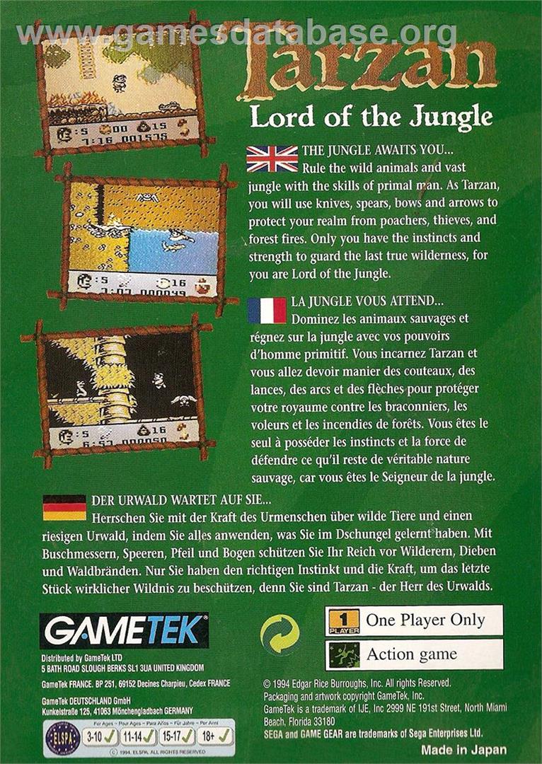 Tarzan - Lord Of The Jungle - Sega Game Gear - Artwork - Box Back
