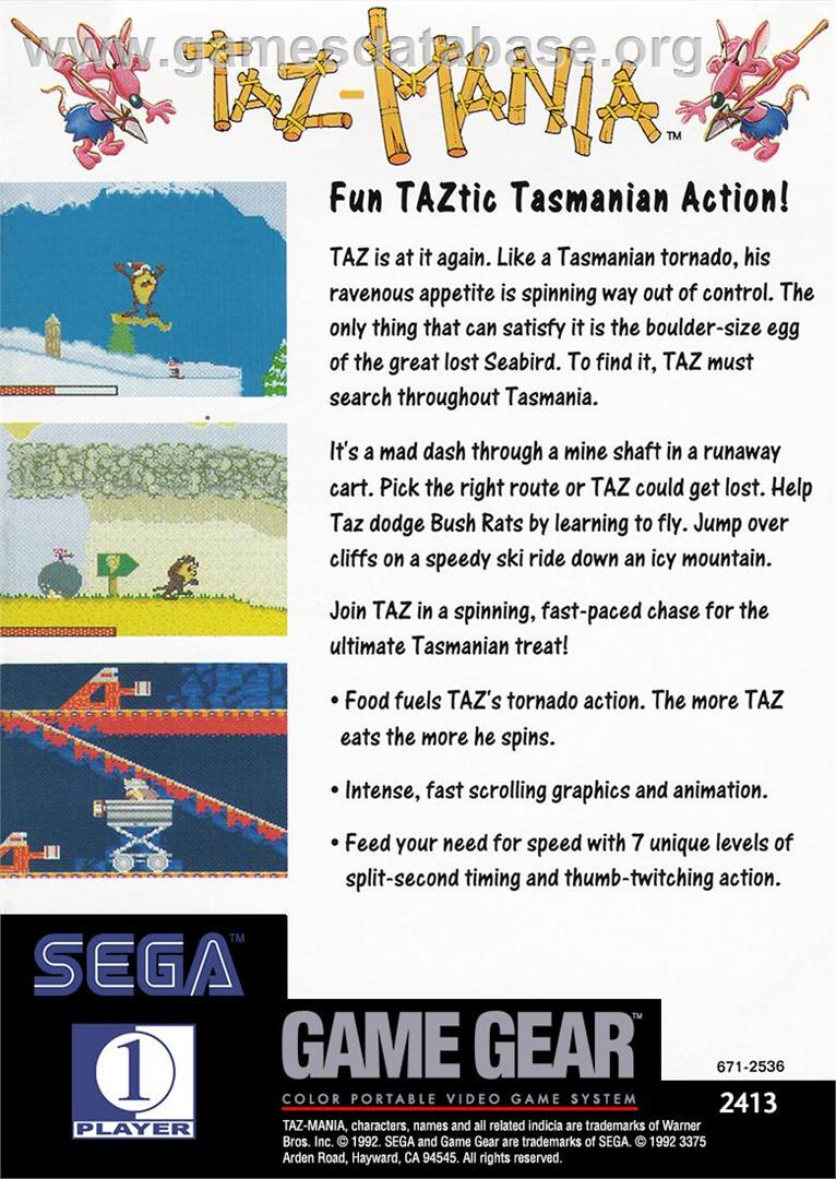 Taz-mania - Sega Game Gear - Artwork - Box Back