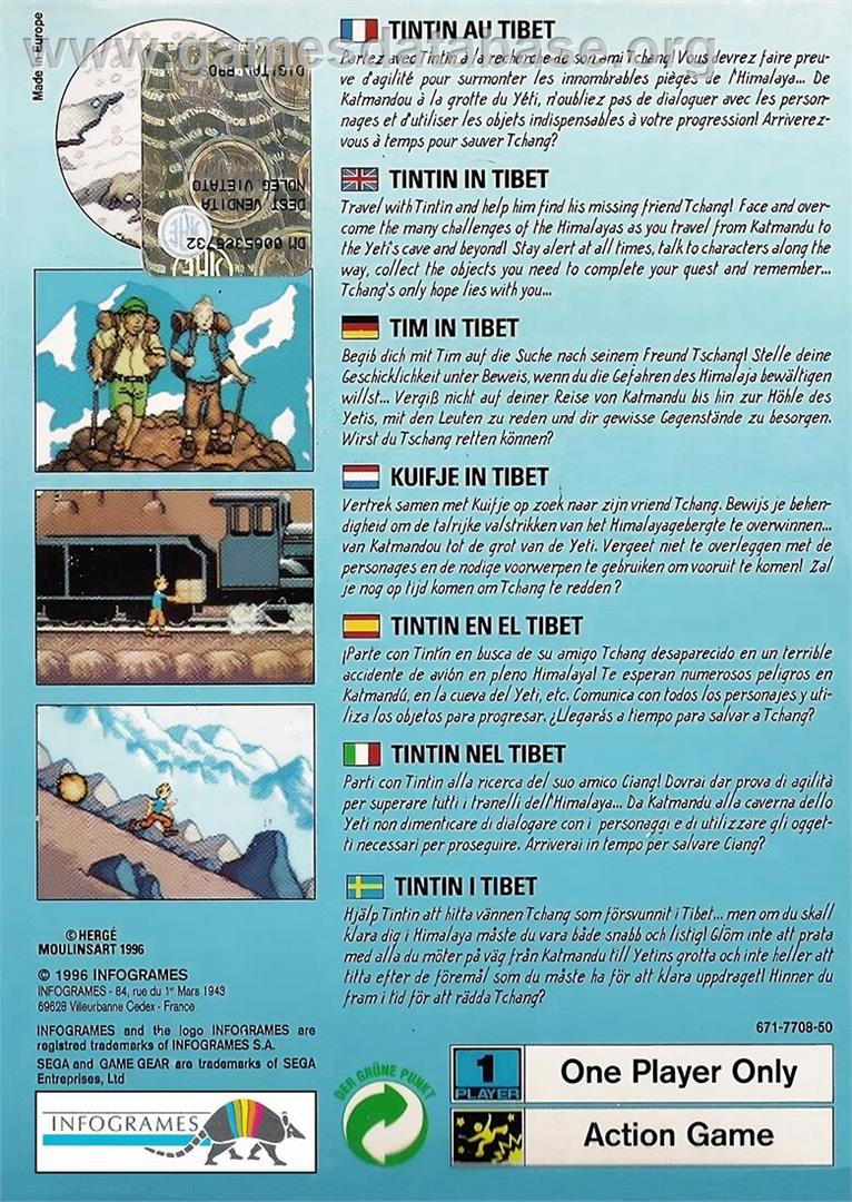 Tintin Au Tibet - Sega Game Gear - Artwork - Box Back