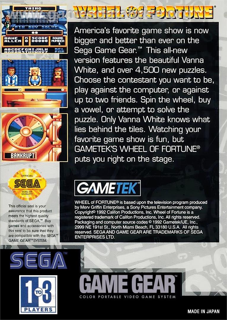 Wheel Of Fortune - Sega Game Gear - Artwork - Box Back