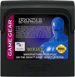 Cartridge artwork for Rise of the Robots on the Sega Game Gear.