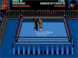 In game image of WWF Wrestlemania: Steel Cage Challenge on the Sega Game Gear.