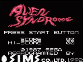 Title screen of Alien Syndrome on the Sega Game Gear.