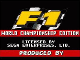 Title screen of F1 - World Championship Edition on the Sega Game Gear.