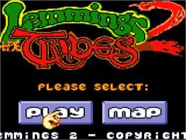 Title screen of Lemmings 2 - The Tribes on the Sega Game Gear.