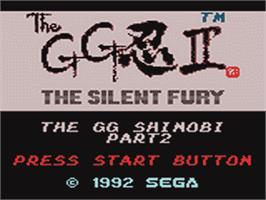 Title screen of Shinobi II: The Silent Fury on the Sega Game Gear.