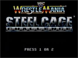 Title screen of WWF Wrestlemania: Steel Cage Challenge on the Sega Game Gear.