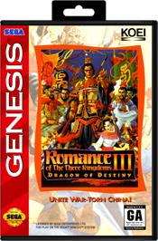 Box cover for Romance of the Three Kingdoms III: Dragon of Destiny on the Sega Genesis.