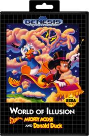 Box cover for World of Illusion starring Mickey Mouse and Donald Duck on the Sega Genesis.