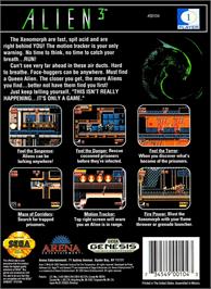Box back cover for Alien 3 on the Sega Genesis.