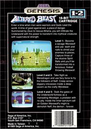 Box back cover for Altered Beast on the Sega Genesis.