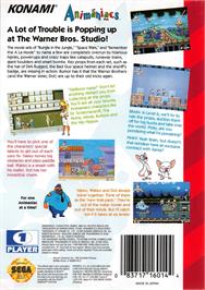 Box back cover for Animaniacs on the Sega Genesis.