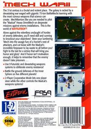 Box back cover for Battletech: A Game of Armored Combat on the Sega Genesis.