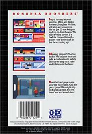 Box back cover for Bonanza Bros. on the Sega Genesis.