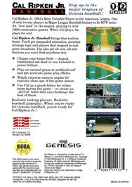 Box back cover for Cal Ripken Jr. Baseball on the Sega Genesis.
