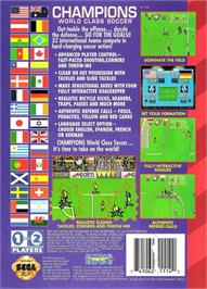 Box back cover for Champions World Class Soccer on the Sega Genesis.