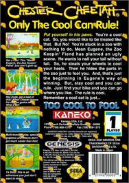 Box back cover for Chester Cheetah: Too Cool to Fool on the Sega Genesis.