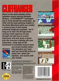 Box back cover for Cliffhanger on the Sega Genesis.