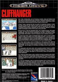 Box back cover for Cliffhanger on the Sega Genesis.