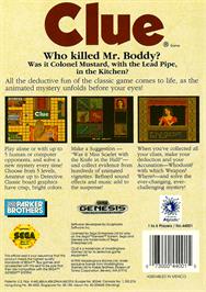 Box back cover for Clue on the Sega Genesis.