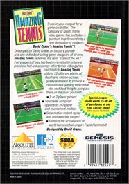 Box back cover for David Crane's Amazing Tennis on the Sega Genesis.