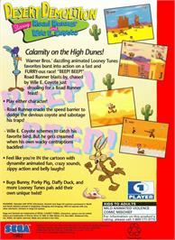 Box back cover for Desert Demolition Starring Road Runner And Wile E. Coyote on the Sega Genesis.
