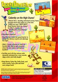 Box back cover for Desert Demolition Starring Road Runner and  Wile E. Coyote on the Sega Genesis.