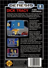 Box back cover for Dick Tracy on the Sega Genesis.