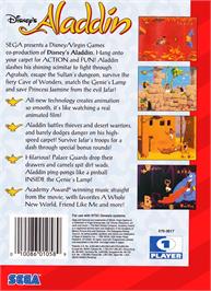 Box back cover for Disney's Aladdin on the Sega Genesis.