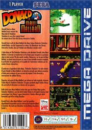 Box back cover for Donald In Maui Mallard on the Sega Genesis.
