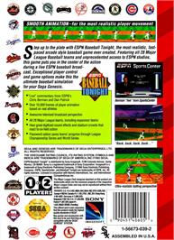 Box back cover for Espn Baseball Tonight on the Sega Genesis.