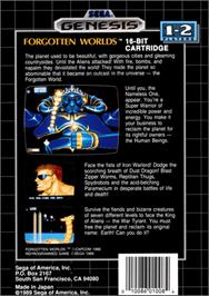 Box back cover for Forgotten Worlds on the Sega Genesis.