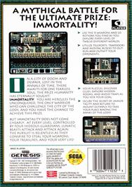 Box back cover for Gods on the Sega Genesis.