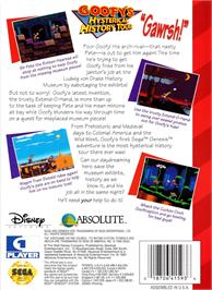 Box back cover for Goofy's Hysterical History Tour on the Sega Genesis.
