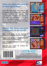 Box back cover for Ishido: The Way of Stones on the Sega Genesis.